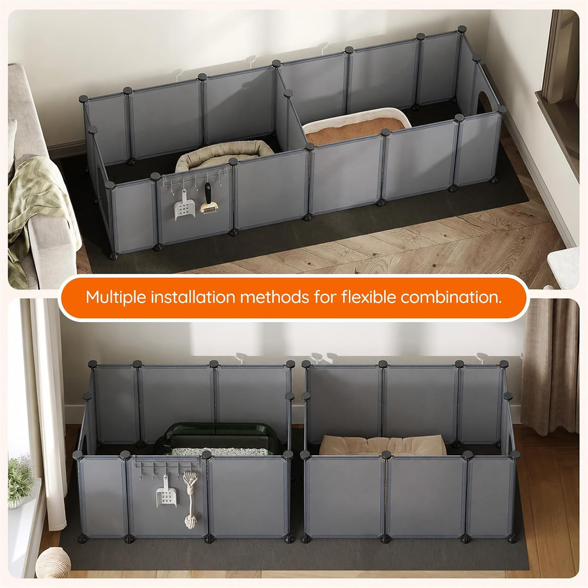 HOOBRO 2 Pack Cat Litter Box Enclosure Splash Guard with Large Oxford Mat, Plastics High-Edge Litter Guard with Drain Hooks, DIY Assembly, 70.9" L x 29.1" W x 15.7" H, Easy to Clean, Grey GY08PP03