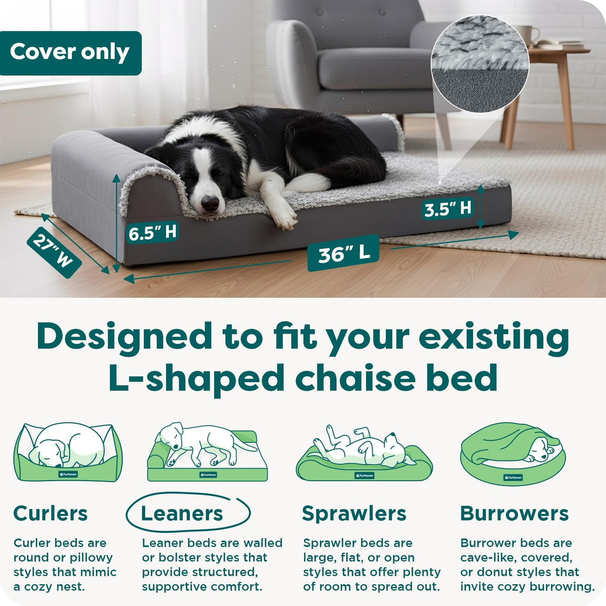 FurHaven Replacement Dog Bed Cover, Two-Tone Bed Cover for L-Shaped Chaise, Removable Washable Cover, Large, Faux Fur & Suede, Stone Gray
