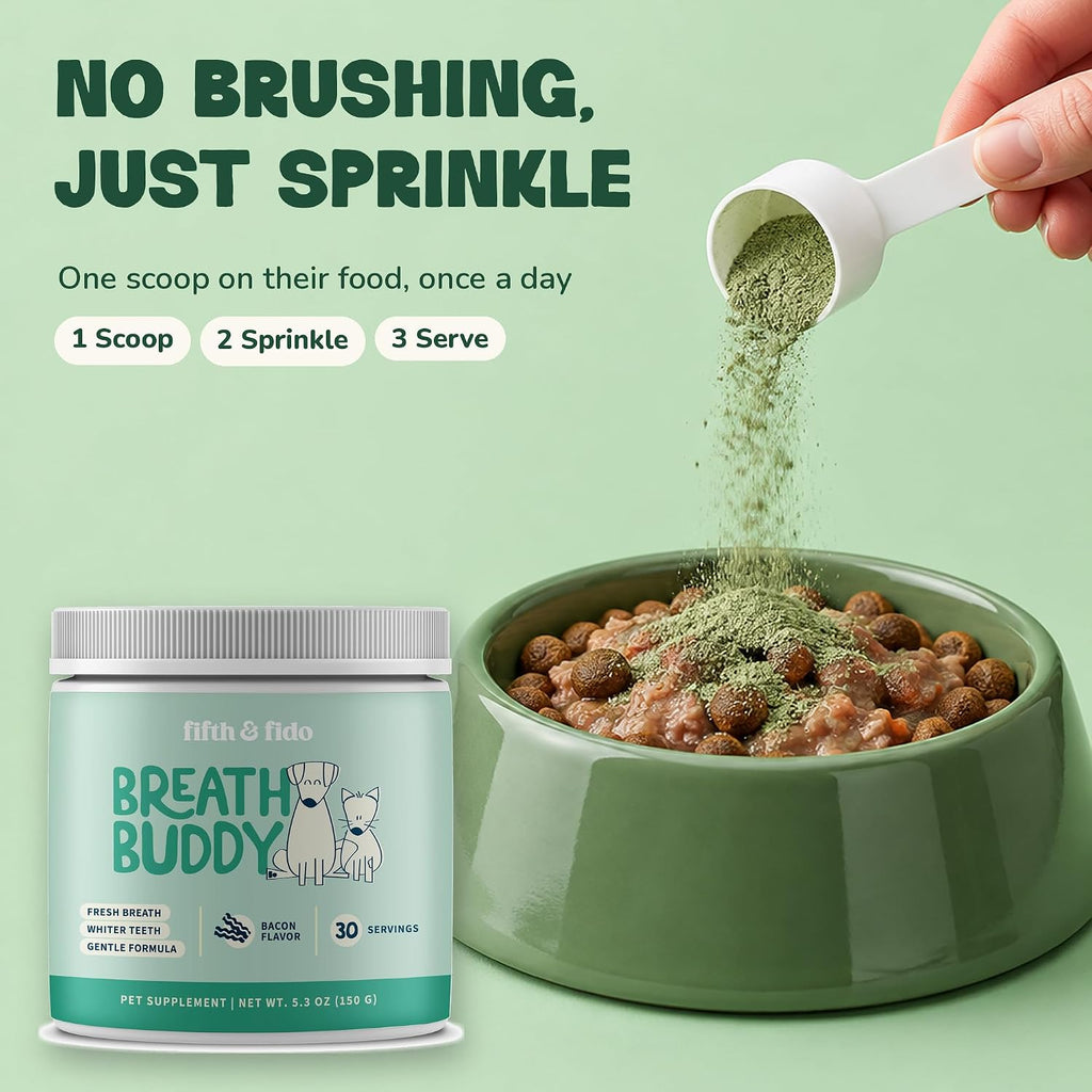 Breath Buddy Dog Breath Freshener Powder by Fifth & Fido, Bacon Food Topper