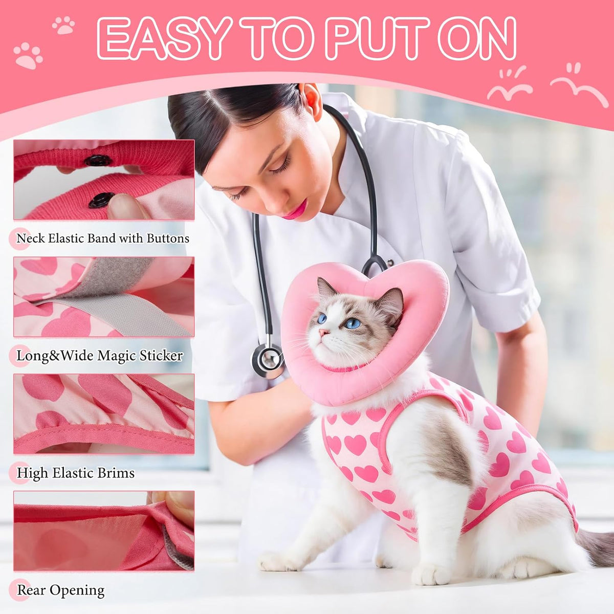 EMUST Cat Recovery Suit, Soft Cone Collar for Female Cats Anti-Licking Pink