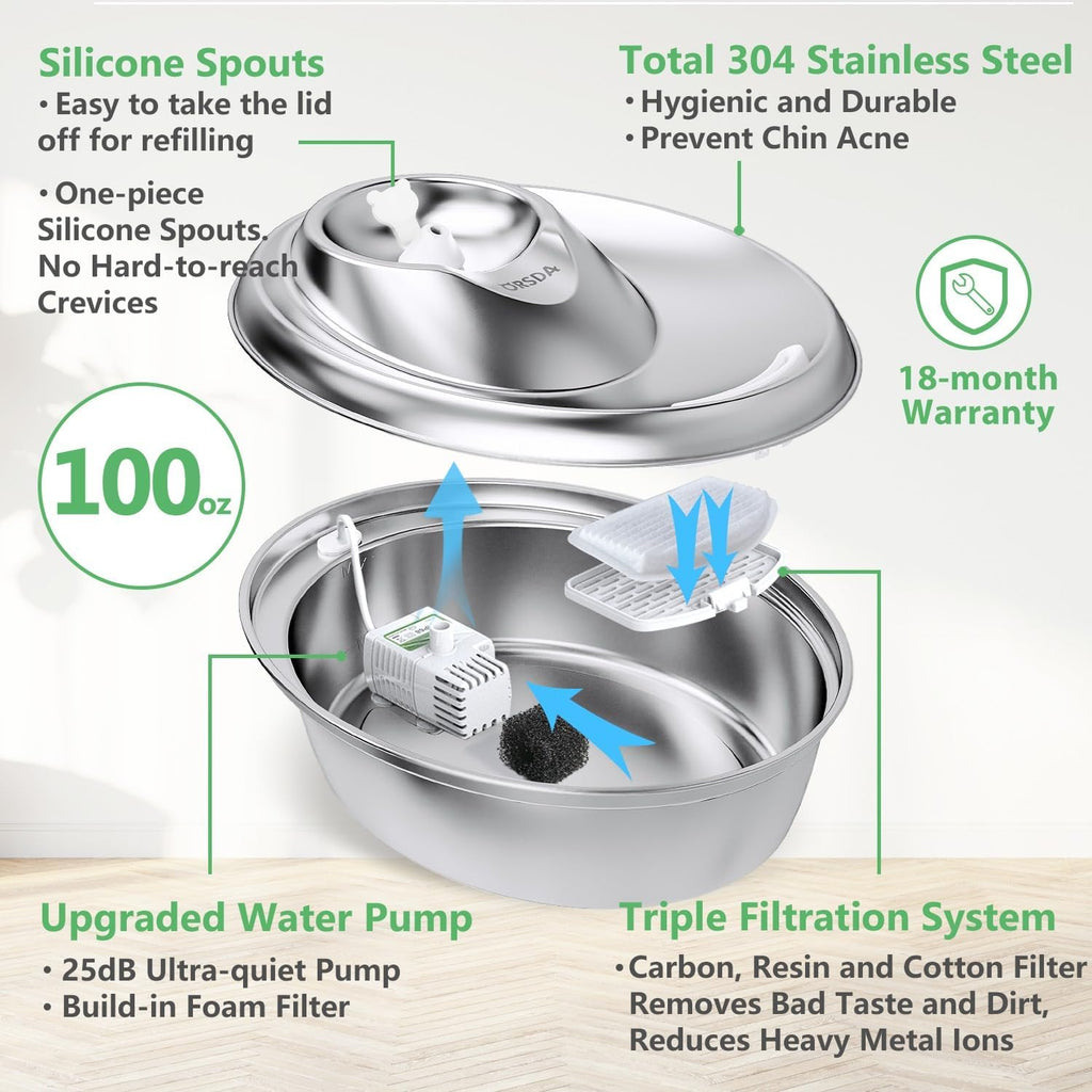 ORSDA Cat Water Fountain Stainless Steel, D60/3L Automatic Pet Drinking Fountain for Cats Inside, Dog Water Dispenser with Adjustable Water Flow and 6 Replacement Filters for Cats, Dogs (D60)