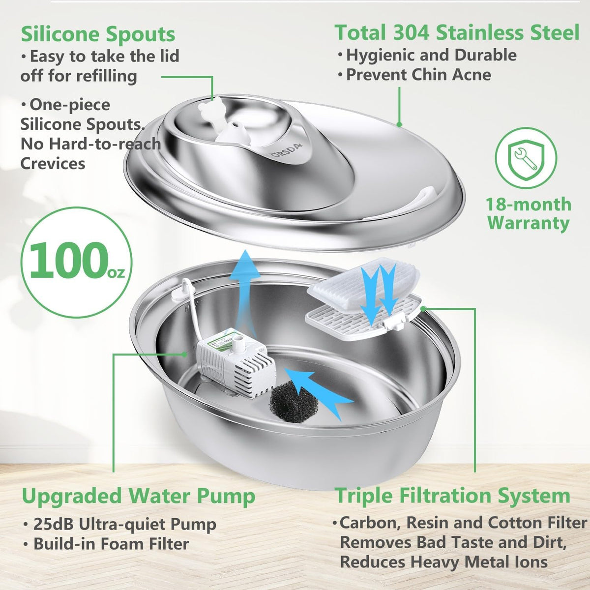 ORSDA Cat Water Fountain Stainless Steel, D60/3L Automatic Pet Drinking Fountain for Cats Inside, Dog Water Dispenser with Adjustable Water Flow and 6 Replacement Filters for Cats, Dogs (D60)