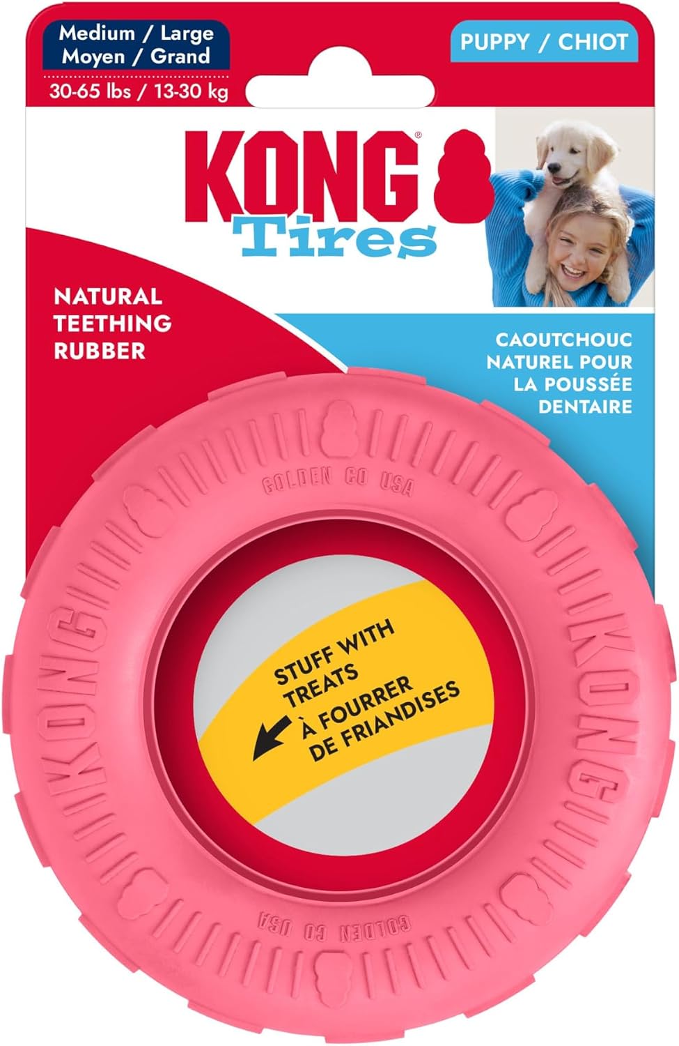 KONG Puppy Tires, Natural Rubber Teething Toy, Medium/Large Puppies, Pink | Durable KONG Natural Rubber Chew & Fetch Toy That Promotes Healthy Teeth & Gums with a Fun Bounce & Easy Roll