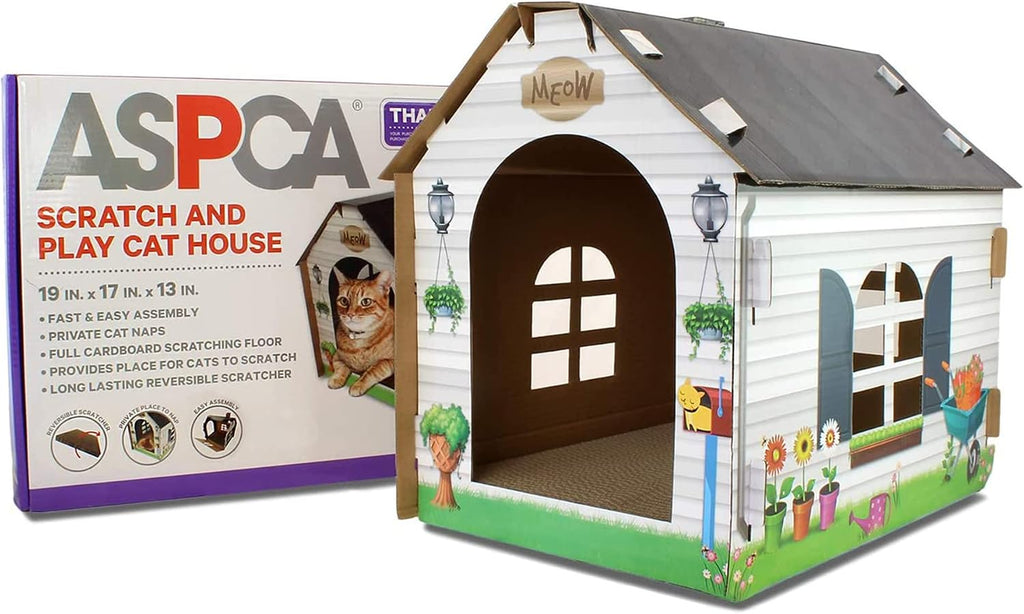 ASPCA Cardboard Cat House Hideaway Playhouse with Cat Scratcher Scratching Pad 19" L x 13" W x 17" H