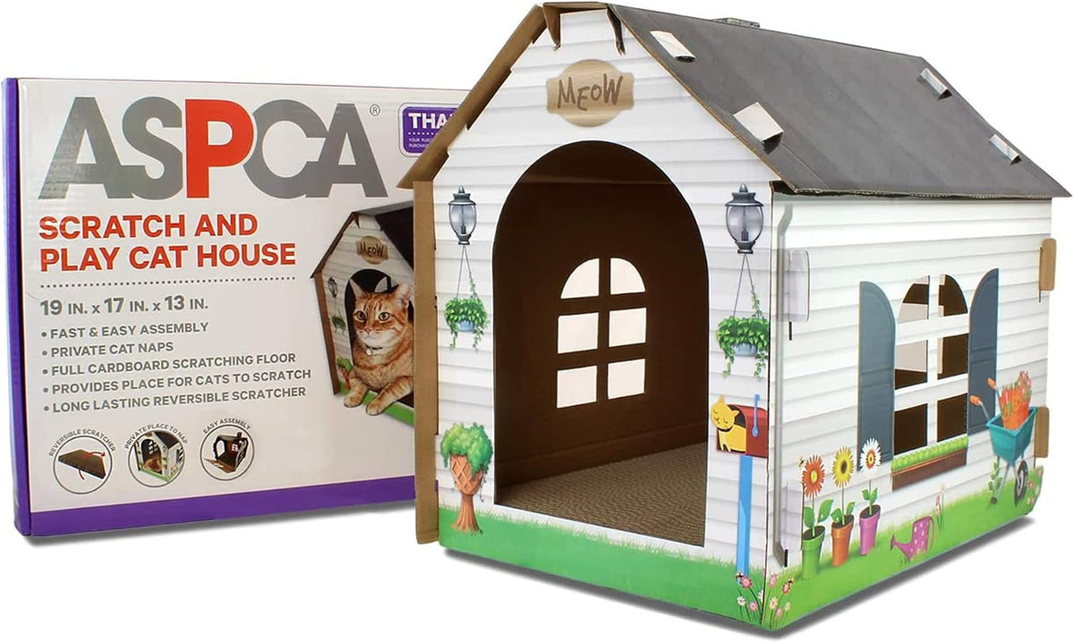 ASPCA Cardboard Cat House Hideaway Playhouse with Cat Scratcher Scratching Pad 19" L x 13" W x 17" H