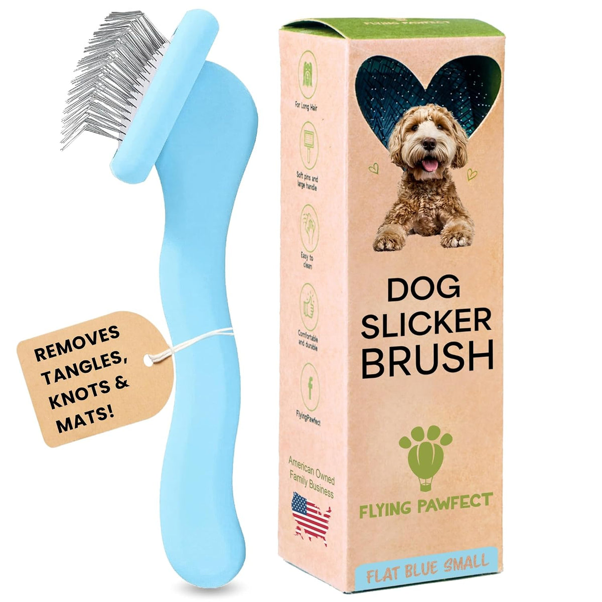 Pet Slicker Brush With Soft Massage Grooming Stainless Steel Pins - For Dematting, Shedding Fur, and Undercoat - Ideal Gift for Professional Pet Groomers - Long Slicker Brush (Baby Blue, Flat Small)