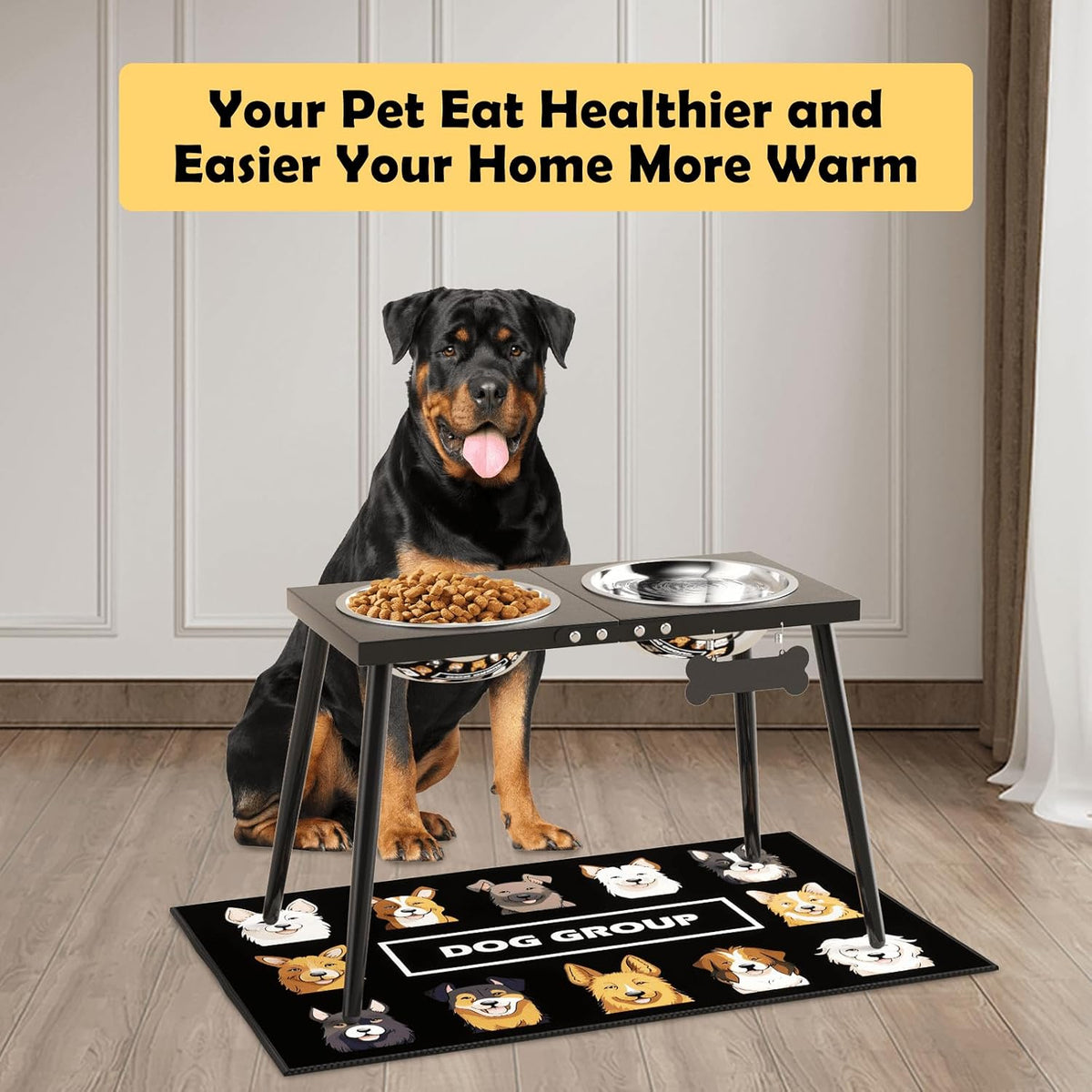 Metal Raised Dog Bowl Stand for Extra Large & Large, Dogs Food & Water Bowls 15" Tall,with Sprill Proof Mat, Raised Stand (70OZ-Stainless Steel Dog Bowls, Mat-20x31)