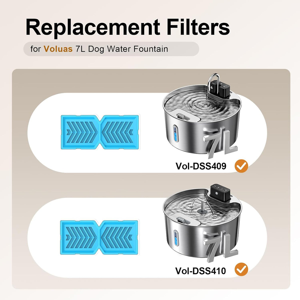 Voluas 409 Replacement Dog Fountain Filters for 7L Pet Fountain, 3-Pack