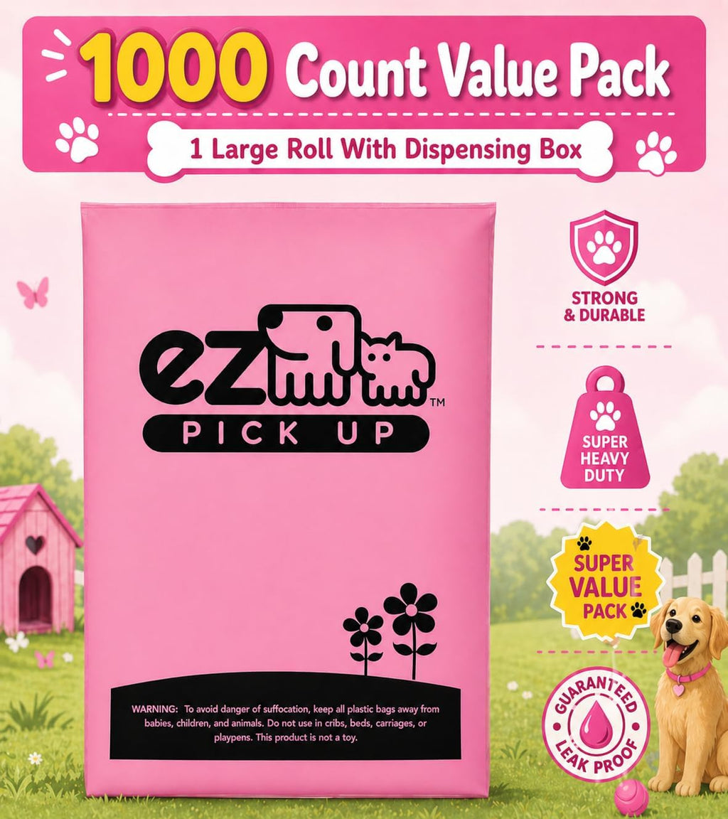 1000 Pet Waste Disposal Dog Poop Bags EZ Pick Up Bag | pink, large size 8"x13", doggy clean up poopy training bags