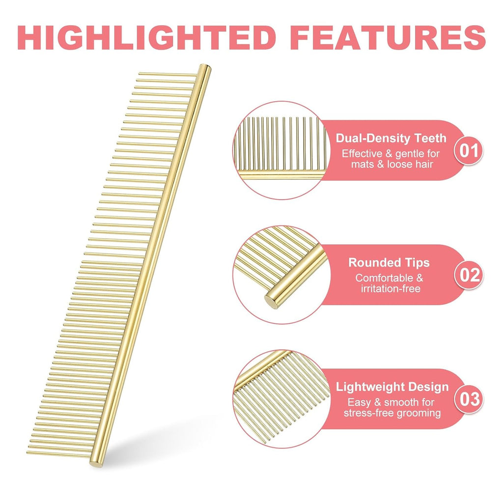 Dog Cat Comb, Pet Combs Stainless Steel Teeth with Rounded Ends for Knots Mats Loose Hair Removal, 7.5IN (Gold Plated, 3 Pack), Grooming Tool Intended for Long Curly Hair Pet