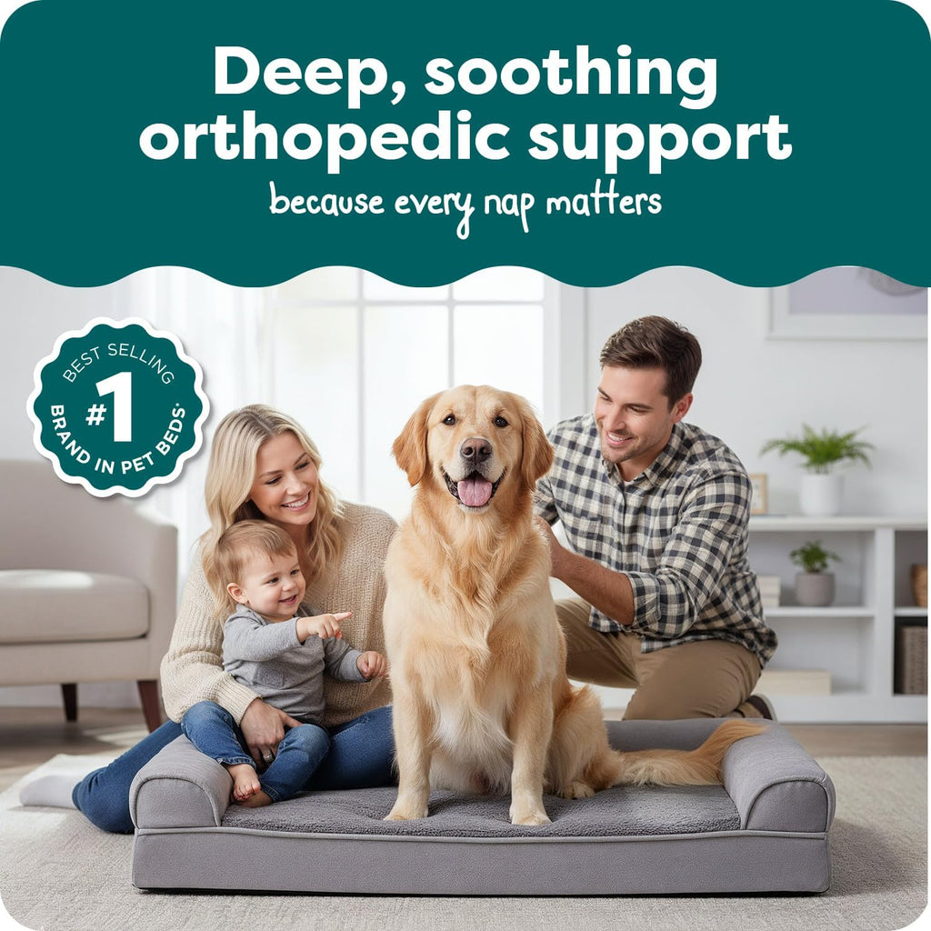 Furhaven Orthopedic Dog Bed for Large Dogs w/ Removable Bolsters & Washable Cover, For Dogs Up to 95 lbs - Plush & Suede Sofa - Gray, Jumbo/XL