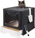 Foldable Cat Litter Box with Lid, Enclosed Potty, Large Top Entry Anti-Splashing Toilet, Easy to Clean Including Litter Scoop and 2-in-1 Cleaning Brush (Black)