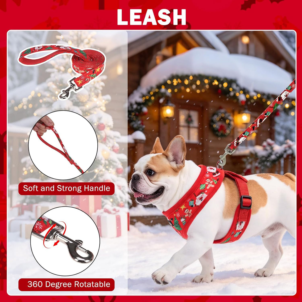SCENEREAL Christmas Small Dog Harness and Leash Set, Red-Christmas S