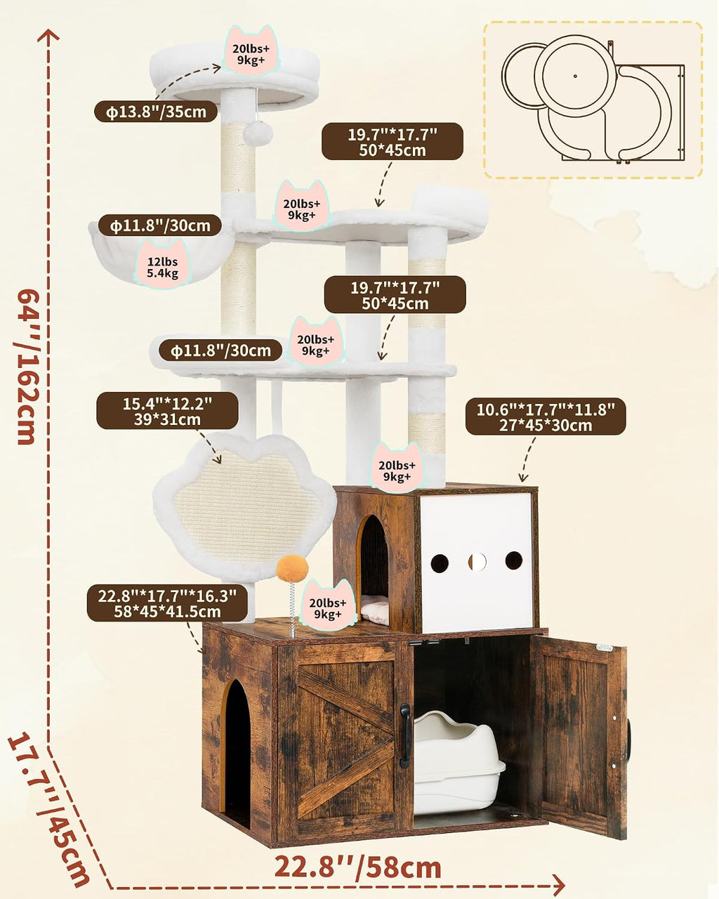 Heybly Cat Tree with Litter Box Enclosure, Modern 64" Hidden Tower HCT105SR