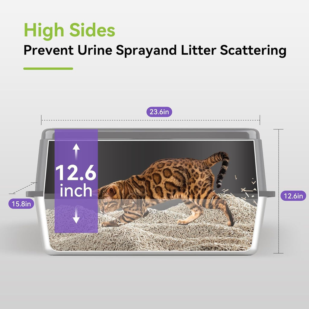 Stainless Steel Cat Litter Box, Free Metal Litter Box with High Sides Lid, Open Top Litter Pan Include Scoop