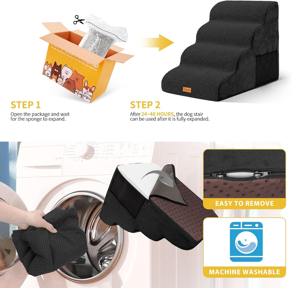 4-Step Dog Stairs for Small Dogs, Non-Slip Foam Pet Steps for High Beds