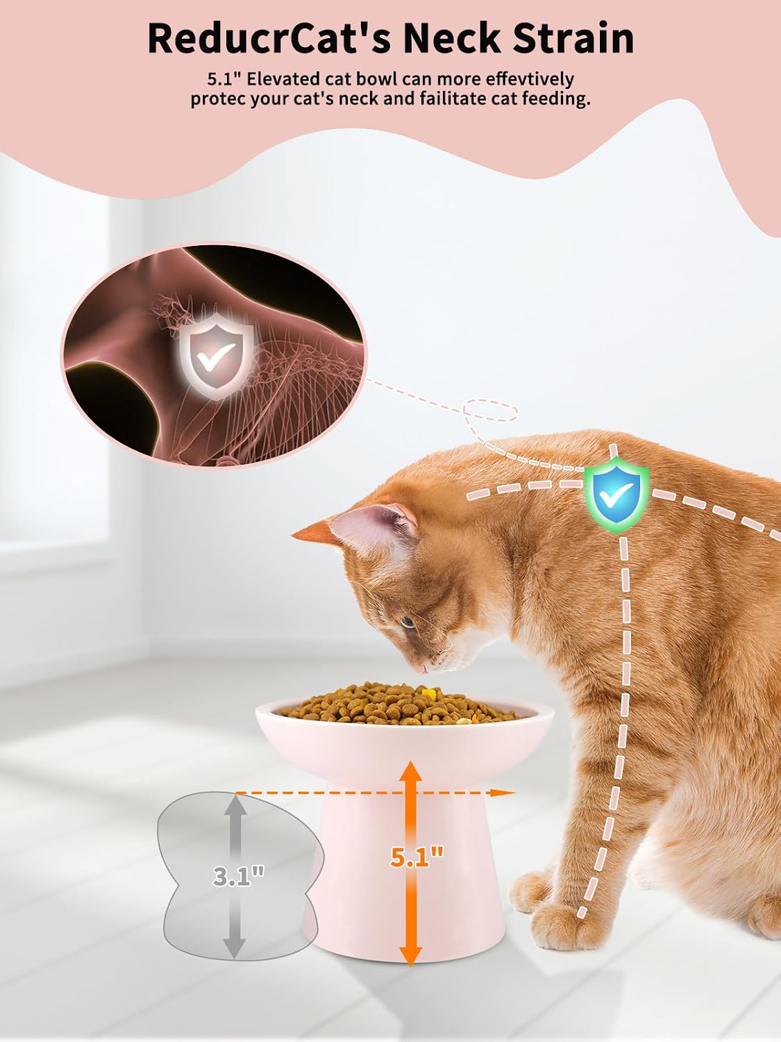 LoeJan Elevated Cat Food and Water Bowls Set, Extra Wide and Raised Ceramic Feeder, Anti-Vomit Whisker-Free Pressure Feeding Bowl for Kittens Adult Cats Small Dogs(Pink, Food Bowl)