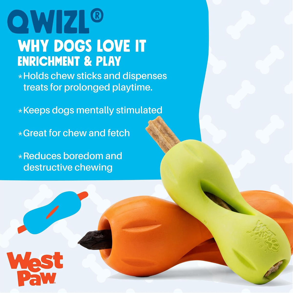 WEST PAW Qwizl Durable Zogoflex Dog Puzzle Toy for Mental Stimulation, and Enrichment - Treat Dispensing for Bully Sticks and Dental Sticks - Dishwasher Safe - Made in USA - Small - Aqua