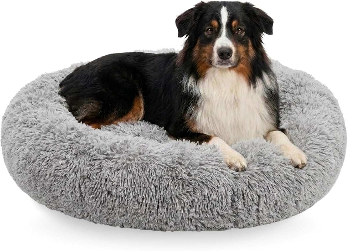 Active Pets Premium Large Donut Dog Bed, Fits Up to 100 lbs, Machine Washable Cushion, Plush Long Pile Faux Fur Fabric, Portable Light Gray Pet Bed Furniture for Puppies Adult Canines & Cats