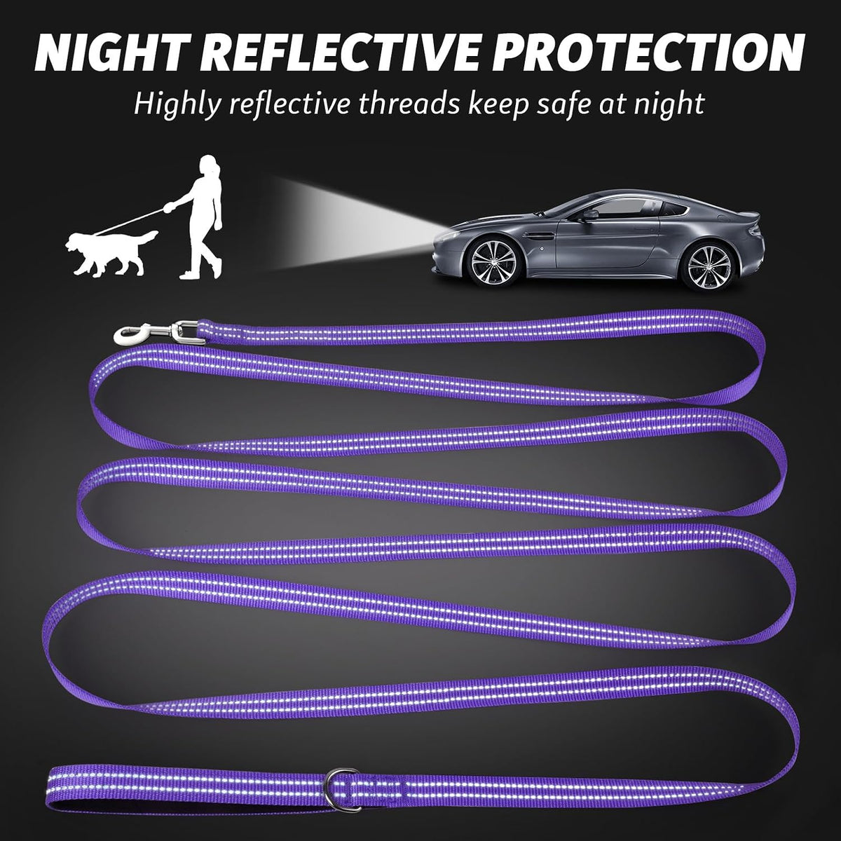 Long Dog Leash XiaZ Training Leashes 10/15/20/30/50/100ft Long Lead for Dogs 50ft Training Leash for Outside Purple 50 Foot Nylon Padded Handle Reflective Hiking Yard