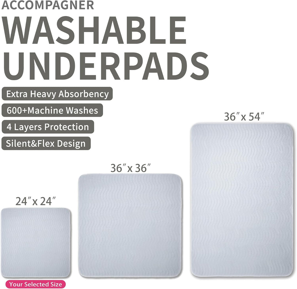 Accompagner Incontinence Bed Pads Washable Waterproof, Ultra-Absorbent Reusable Underpads for Diaper Changing, Nursing, Bedridden, Adults, Seniors, Kids and Dogs (Pearl Gray, 24"x24"(Pack of 6))