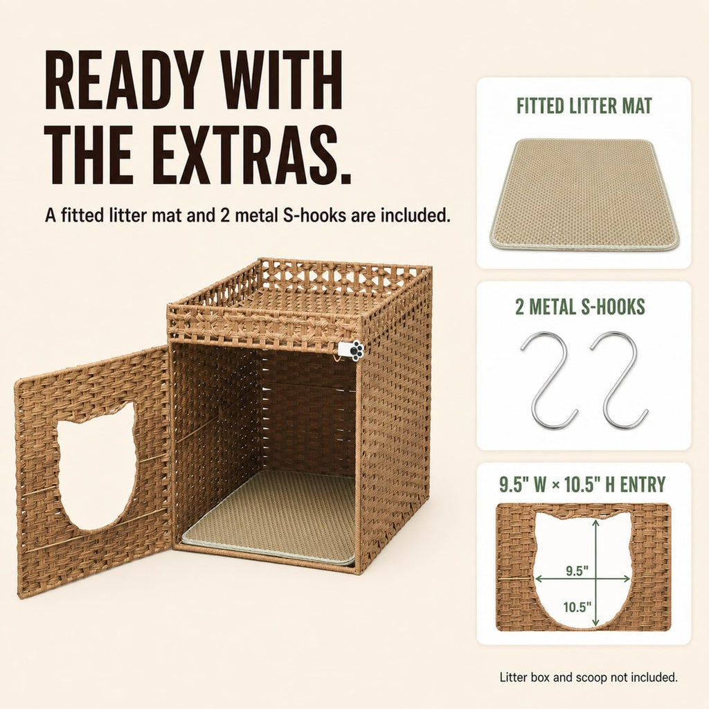Handwoven Rattan Cat Litter Box Enclosure for Large Litter Boxes, 24.5-Inch Deep Hidden Cat Washroom Furniture with Litter Mat & 2 S-Hooks, Natural