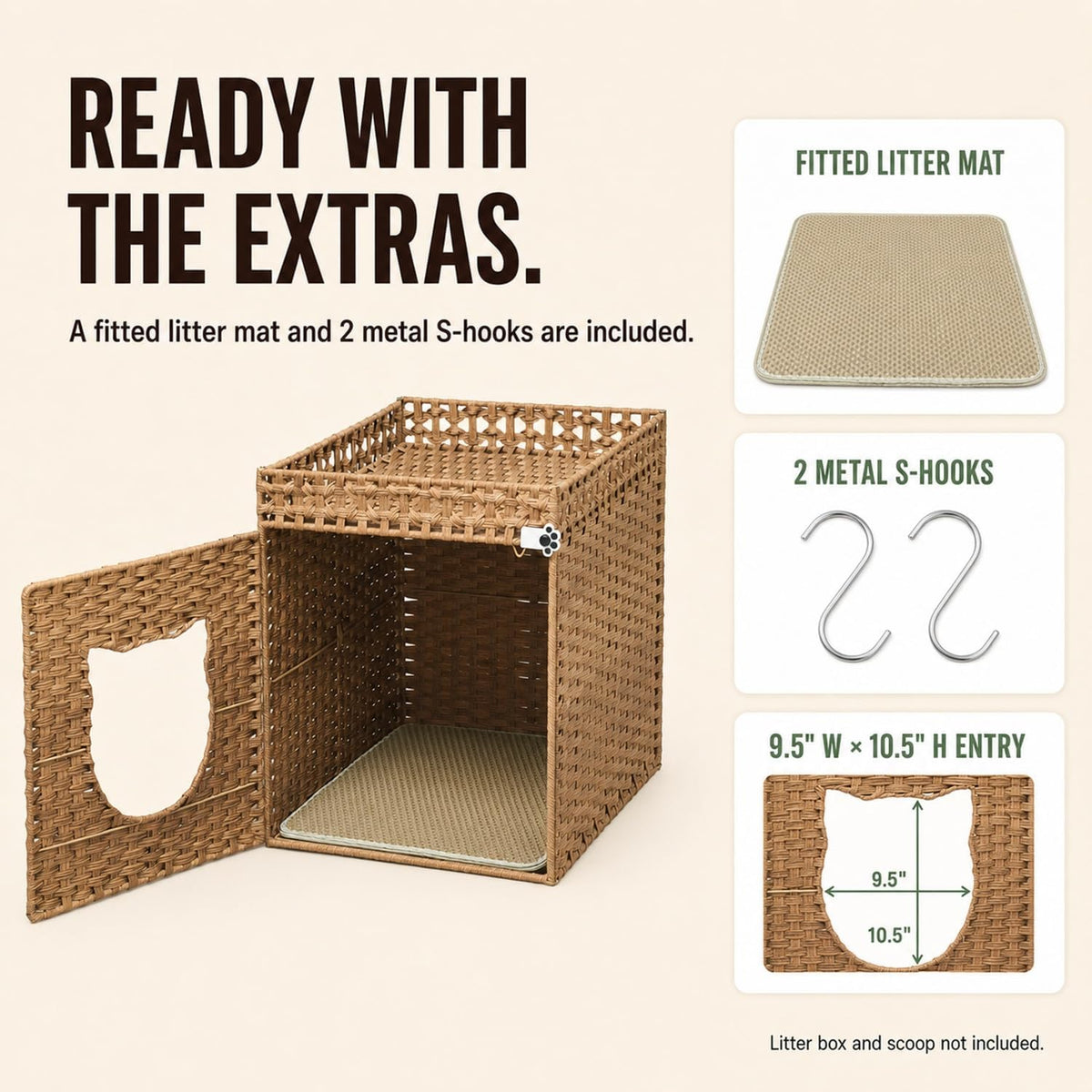 Handwoven Rattan Cat Litter Box Enclosure for Large Litter Boxes, 24.5-Inch Deep Hidden Cat Washroom Furniture with Litter Mat & 2 S-Hooks, Natural