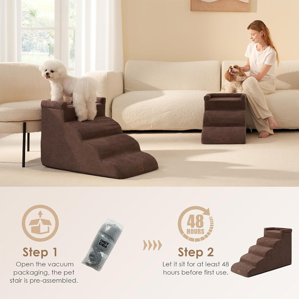 EHEYCIGA 5-Step Curved Dog Stairs for High Beds 20.7" H, Brown