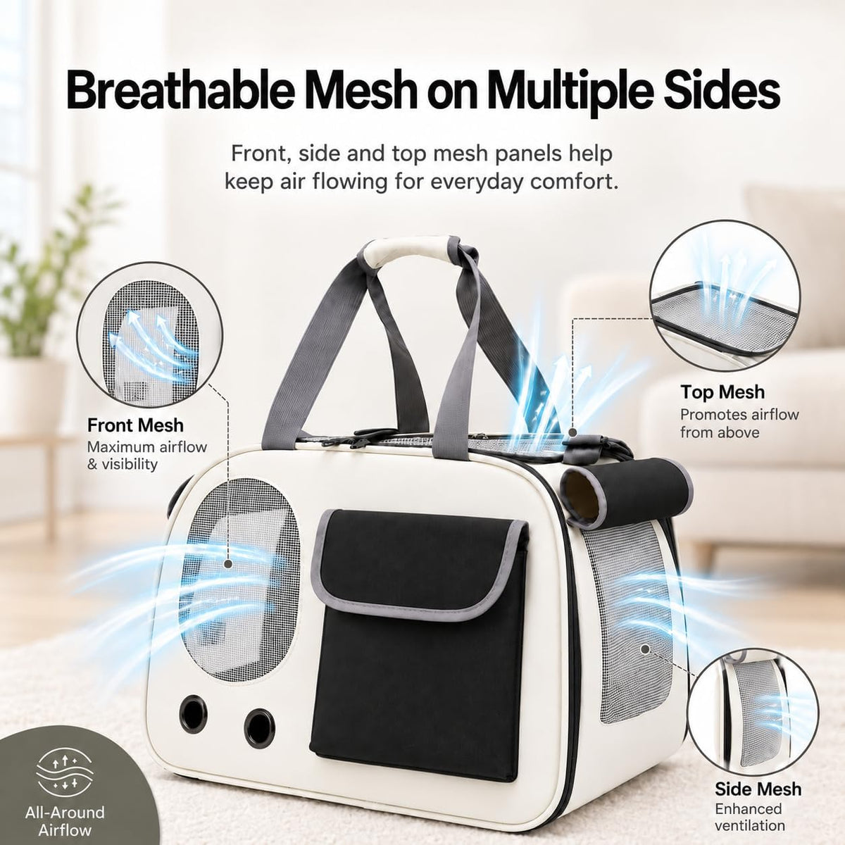 Soft-Sided Cat Carrier, 17.7“×10.2”×11“ Foldable Portable Pet Travel Bag, Cream & Black