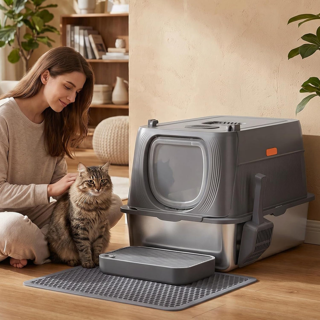 GTPLAYER XL Stainless Steel Cat Litter Box with Lid, High Sided Enclosed Cat Litter Box, Activated Carbon Odor Control, Extra Large Metal Litter Box, Anti-Leak, with Mat & Step, Gray