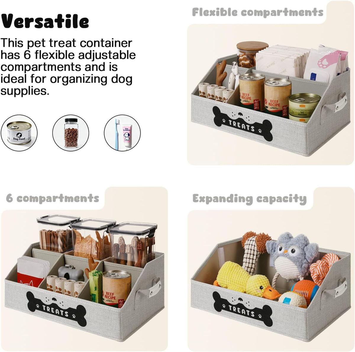 Dog Treat Container, Dogs Storage Organizer with Removable Dividers, Collapsible Dogs Treat Holder for Countertop, Trapezoid Pet Treats Containers, Dog Toy Basket with PU Handles, Medium, Gray