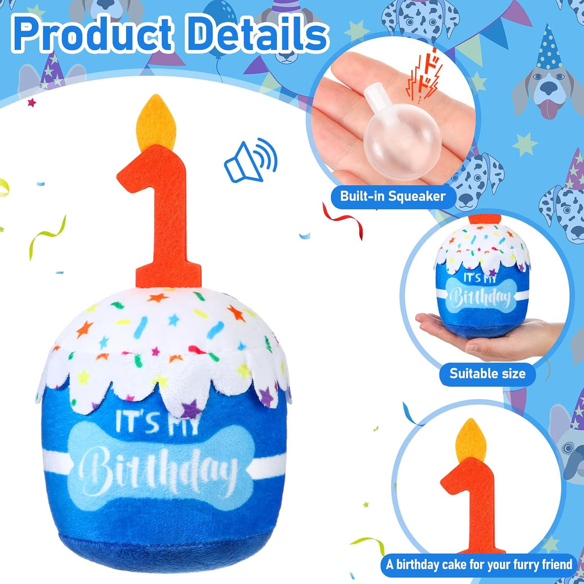 Dansydaisy Dog Birthday Cake Toy Squeaky Plush Gift,1st,Blue | Interactive Squeaky Gift for Dogs, Dog Birthday Decor , Soft Chew for Small Medium Large Pets, Cake Design with Candle