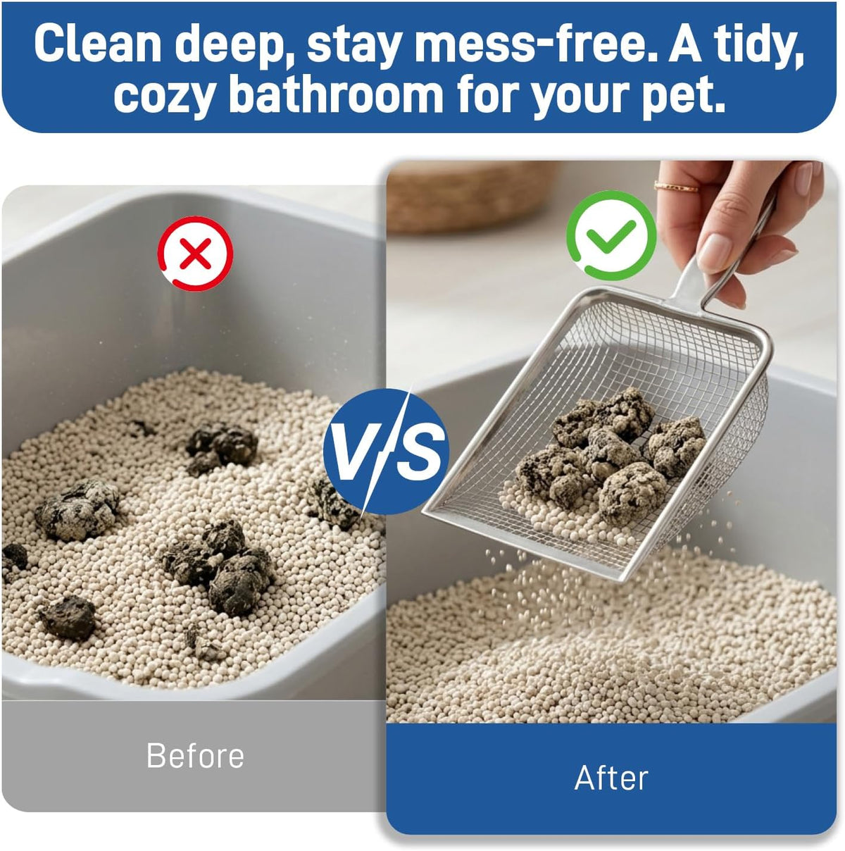 Stainless Steel Metal Cat Litter Scoop with 3.8mm Mesh, Sticky Hang Hook
