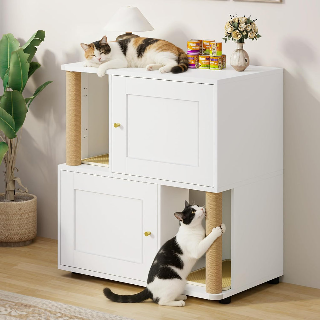 Double Cat Litter Box Enclosure, Litter Box Cabinet for 2 Cats, Hidden Cat Litter Box Furniture, Dog-Proof Litter Box Enclosure with Cats Scratching Post, Suitable for Most Litter Boxes
