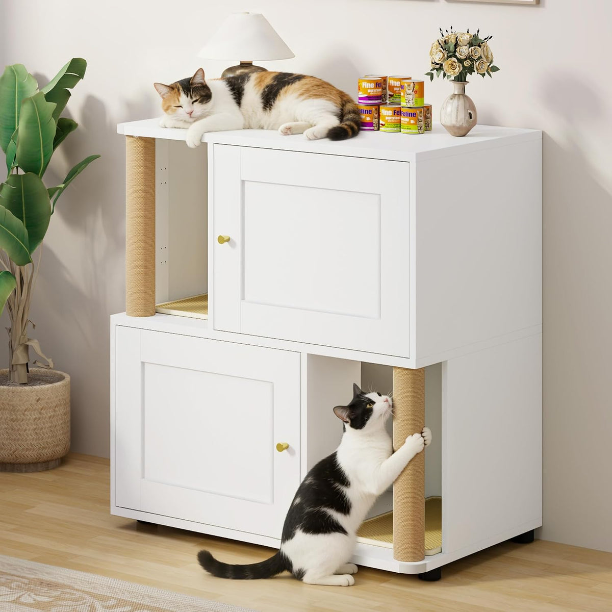 Double Cat Litter Box Enclosure, Litter Box Cabinet for 2 Cats, Hidden Cat Litter Box Furniture, Dog-Proof Litter Box Enclosure with Cats Scratching Post, Suitable for Most Litter Boxes