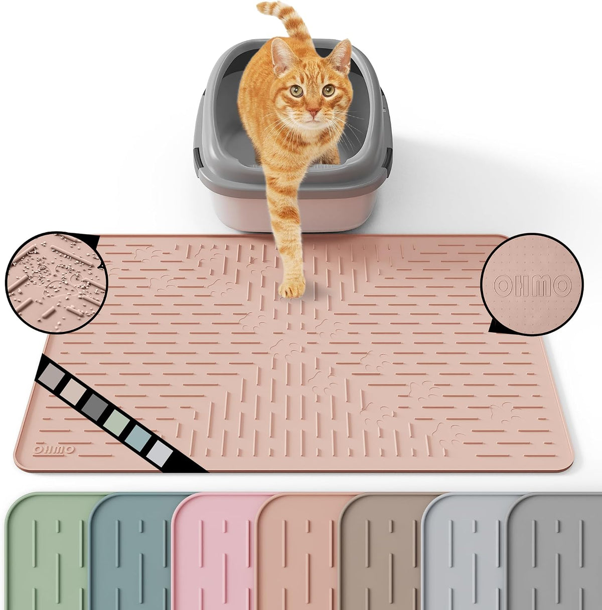 OHMO Cat Litter Mat, 23.5x16 Silicone Trapping Mat Coral | for Kitty Litter Box, Easy Clean, BPA Free Rubber, Center Litter Collection, Easy Pour-Back, Waterproof, Odor-Resistant