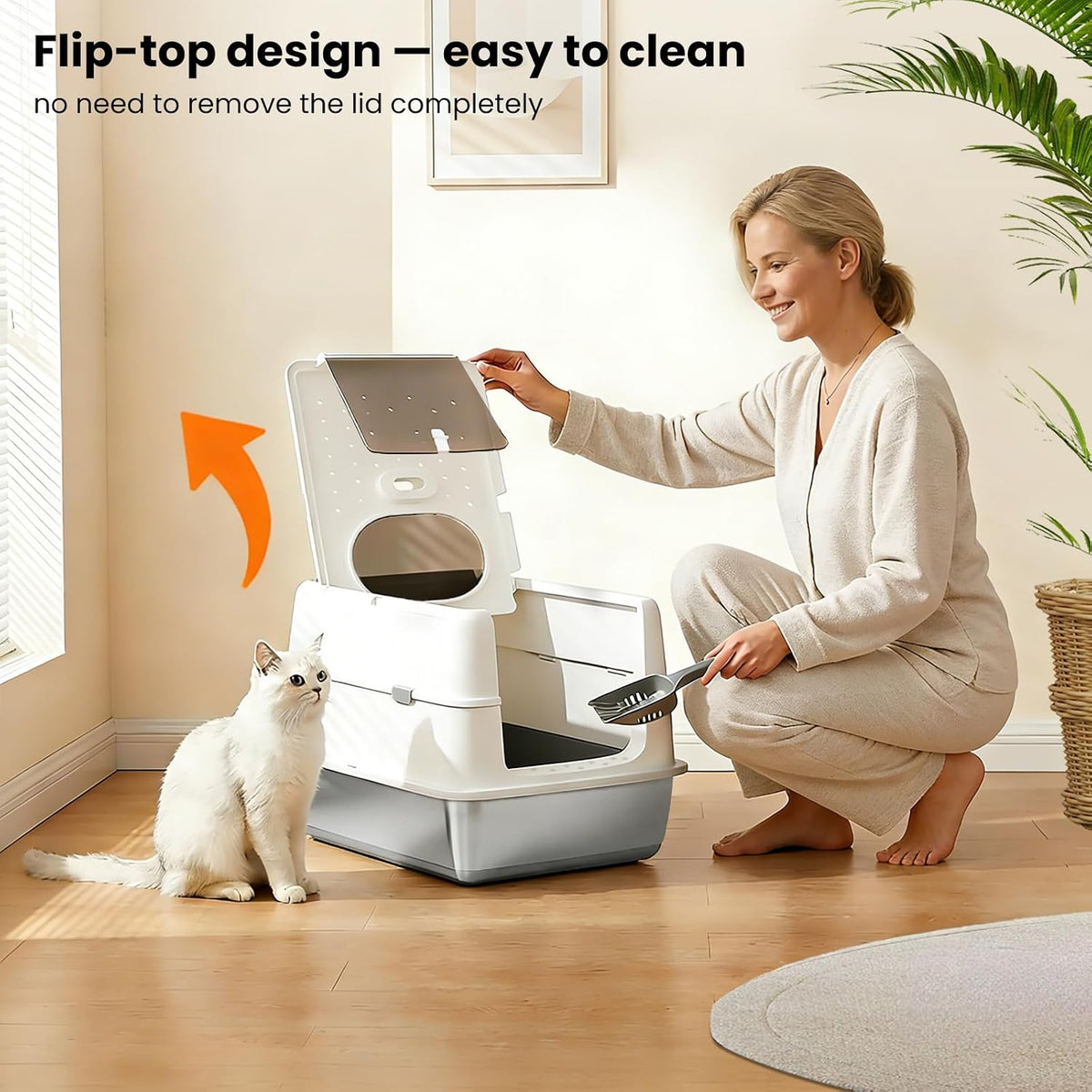Extra Large Stainless Steel Cat Litter Box with 120° Lid for Multiple Cats, Enclosed Top Entry Litter Box High-Sided Anti-Leak Litter Box, Dog Proof Litter Boxes with Litter Step & Scoop
