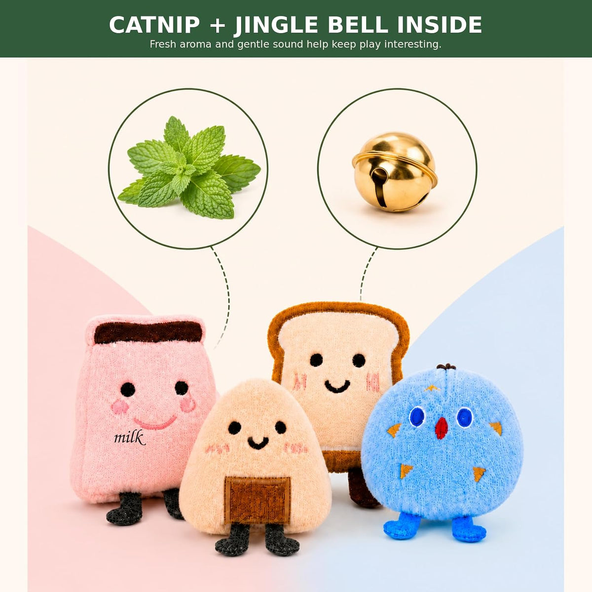 Catnip Toys for Cats, Cat Toys for Indoor Cats, 4 Pack Interactive Plush Food-Shaped Kicker Set with Jingle Bells for Kittens, Batting and Bunny Kick Play, Toast, Milk Carton, Rice Ball and Cookie