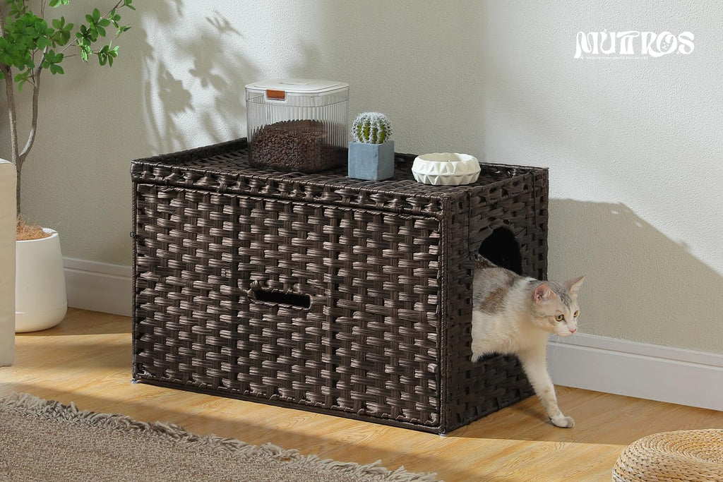 MUTTROS Rattan Cat Litter Box Enclosure - Hidden Litter Box Furniture by Handwoven Wicker with Taller Doorway & Raised Edge Mat-Cat House Cabinet for Large Cats Indoor Living Room Odor Control, Brown