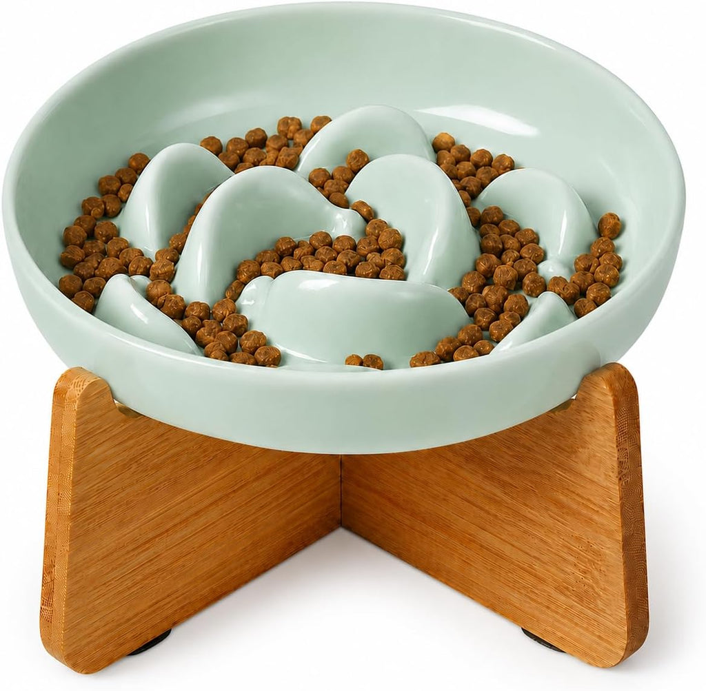 Elevated Slow Feeder Cat Bowl - Melamine Cat Food Plate with Anti-Slip Bamboo Stand - Whisker Friendly Feeding Bowl - Raised Maze Dish for Slow Eating - Mint Green
