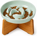 Elevated Slow Feeder Cat Bowl - Melamine Cat Food Plate with Anti-Slip Bamboo Stand - Whisker Friendly Feeding Bowl - Raised Maze Dish for Slow Eating - Mint Green