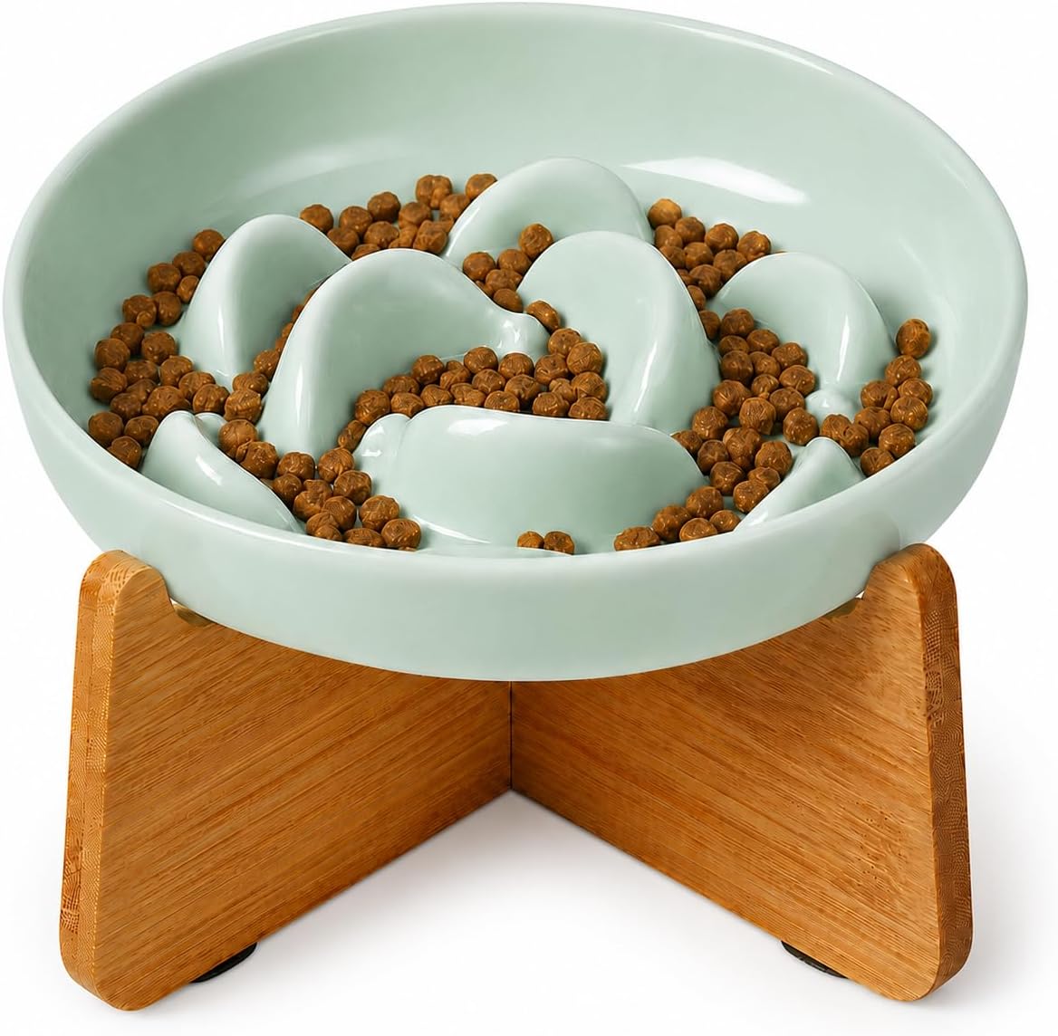 Elevated Slow Feeder Cat Bowl - Melamine Cat Food Plate with Anti-Slip Bamboo Stand - Whisker Friendly Feeding Bowl - Raised Maze Dish for Slow Eating - Mint Green