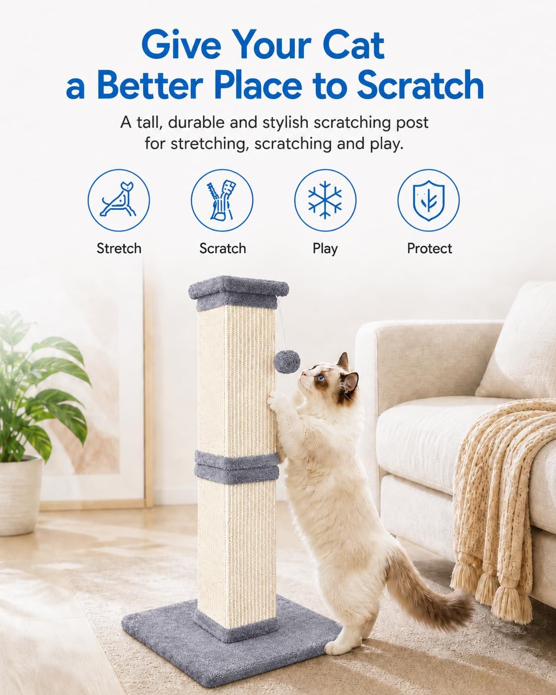 Cat Scratching Post for Indoor Cats, Sisal Cat Scratcherl, 32 Inch