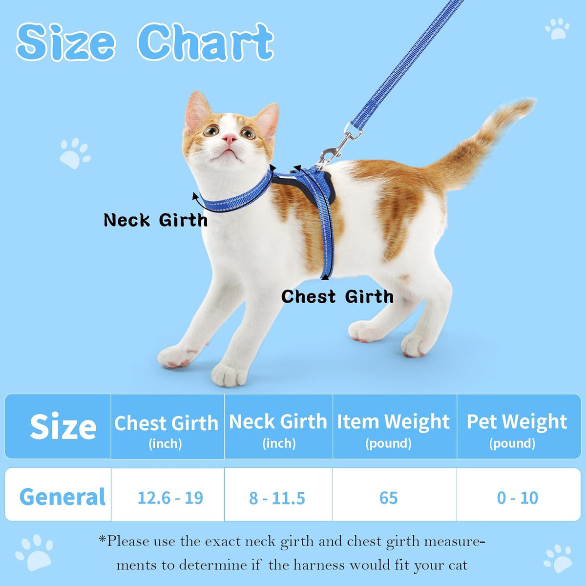 Cat Harness and Leash Set Escape Proof Kitten Kitty Puppy Vest Blue