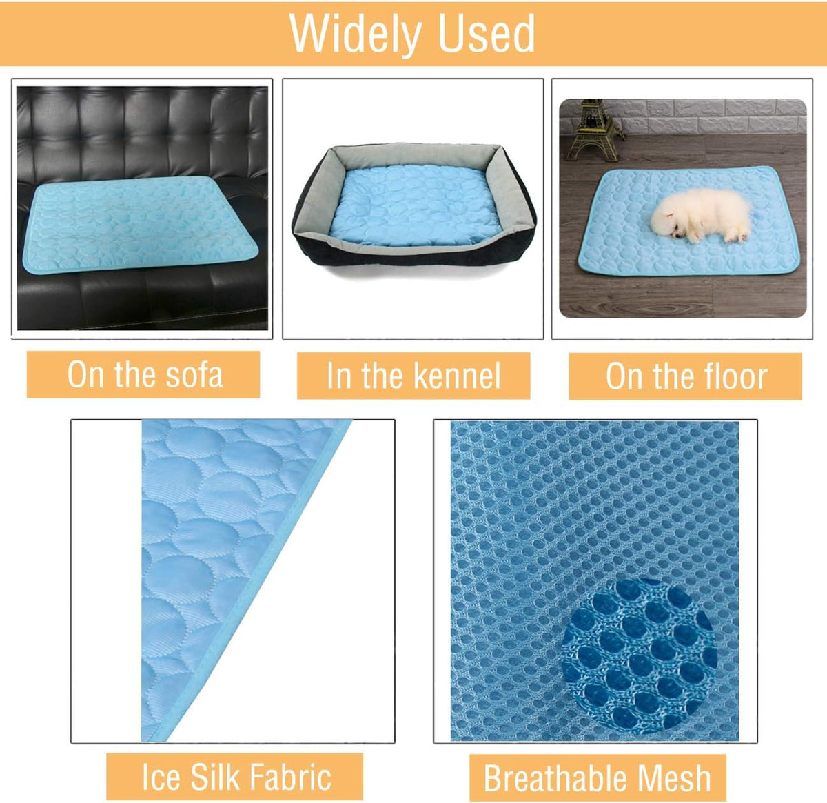 Wontee Dog Cooling Mat Pet Ice Silk Pad Washable Summer Sleeping Bed for Crate, Bed, Sofa, Indoor & Outdoor Floor, Car Seats (Blue + Grey, S)