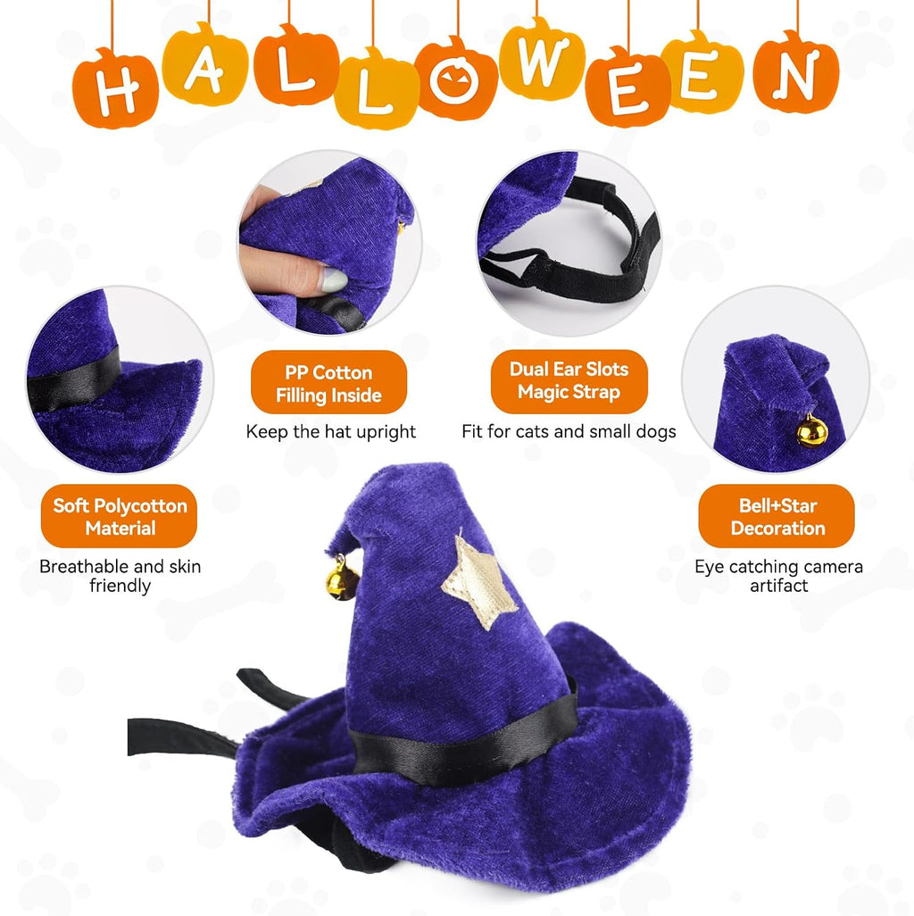 NAMSAN Pet Witch Costume for Cats Small Dogs Rabbits, Halloween Cat Wizard Hat, Small Dog Witch Hat, Halloween Cat Sorcerer Outfit for Holiday Party Cosplay Statue Decoration