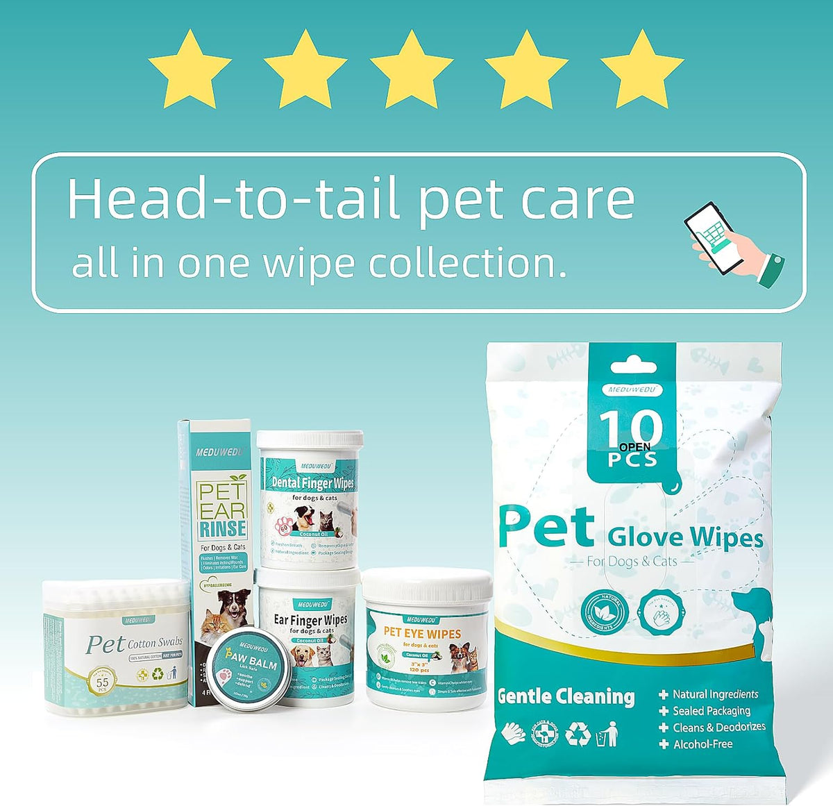 MEDUWEDU Ear Cleaner Finger Wipes 60 Counts, Dog Ear Cleaner, Grooming Kit Care for Dogs and Cats, Soft & Easy Otic Cleaning Pads, Remove Wax, Dirt & Stop Smelly, Itchy, Non-Irritating, Unscented