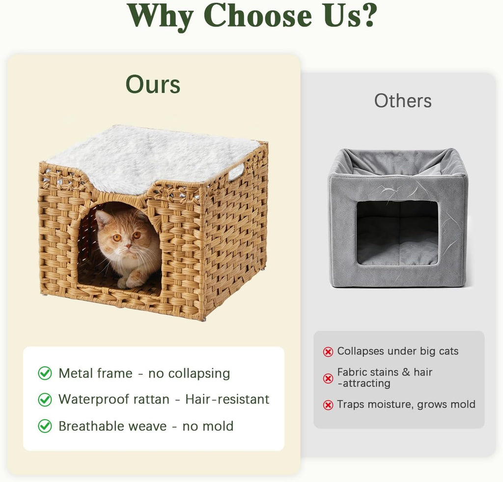 SETVSON Cat Beds Indoor Kitten House, PE Rattan Cat Cave, Natural