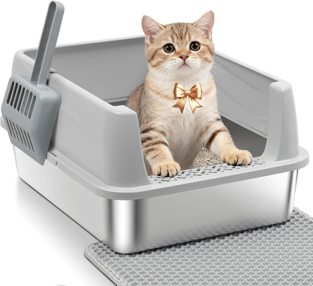 Stainless Steel Litter Box for Kitten,Metal Litter Box with Lid S | Cat Litter Box High Sides,Small Cats,Open Design,Indoor,1-Mat and 1-Scoop,Easy to Clean, No Odor,Anti-Urine Leakage