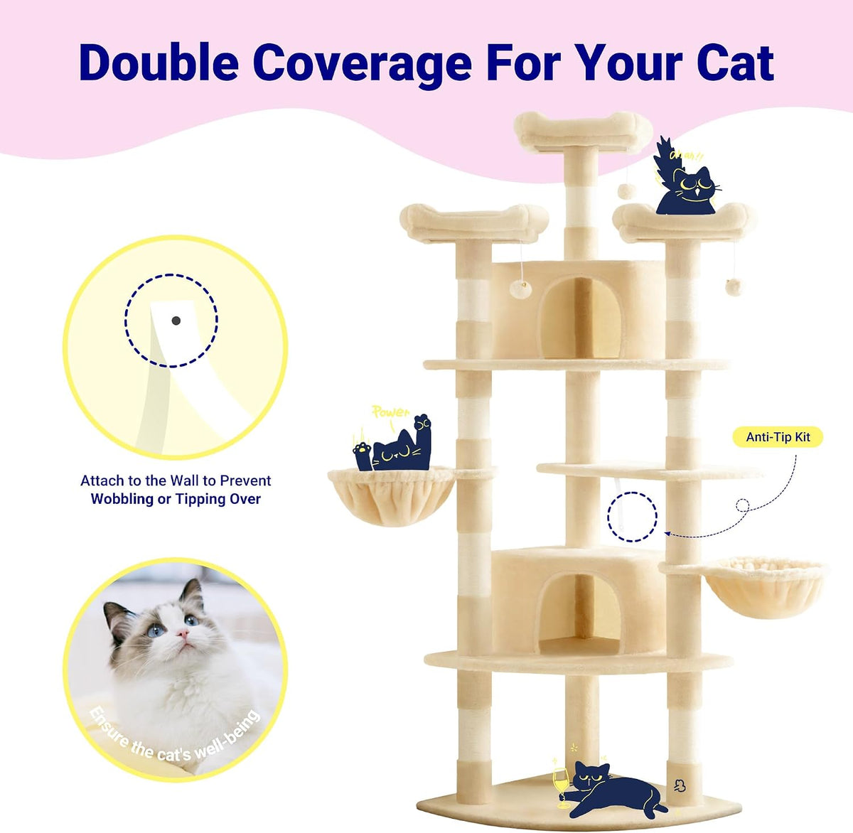 Allewie 73in Fan-Shaped Space-Saving Corner Cat Tower/Multi-Level Tall Cat Tree for Indoor Kitties/Cozy Baskets/Condos/House/Perches/Sisal Scratching Posts/Pet Activity Center/Beige
